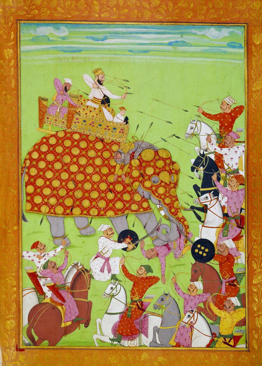 Reprezentace Murada (Mourada) Bakshe (1624-1661), syna mughalského císaře Shah Jehana (nebo Shah Jehan, Shahjehan) bojujícího na slonovi. Perská miniatura 17. století Paříž, B.N. od Persian School