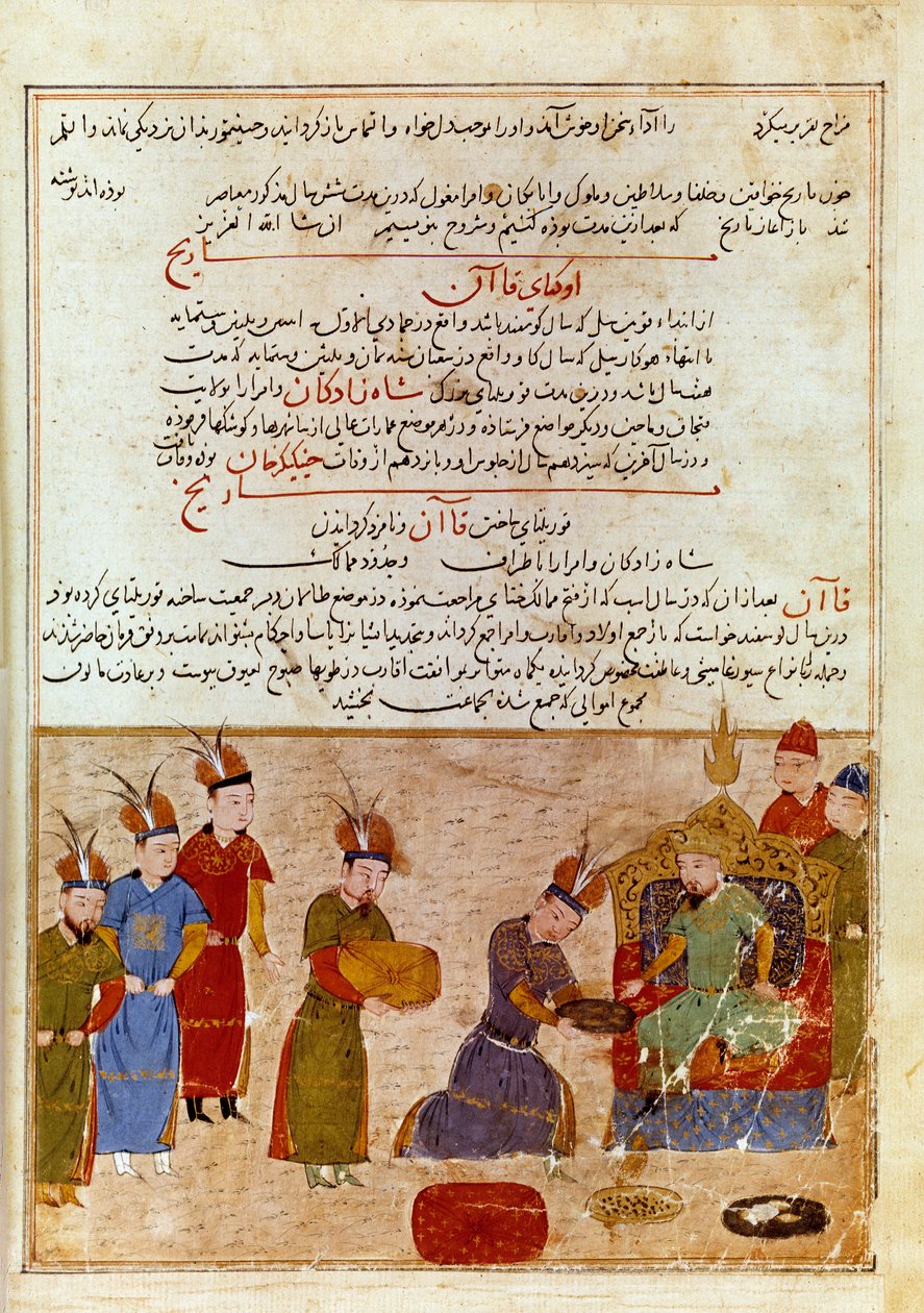 Zástupce Ogodei Khan (1186-1241), je synem Čingischána. Perská miniatura převzatá z „“ Jami al-tawarikh“ (Jami al tawarikh) nebo „“ Univerzální historie““ od historika Rashida al-dina (al din) (1247-1318) Kolem 1430. Paris, B.N. od Persian School
