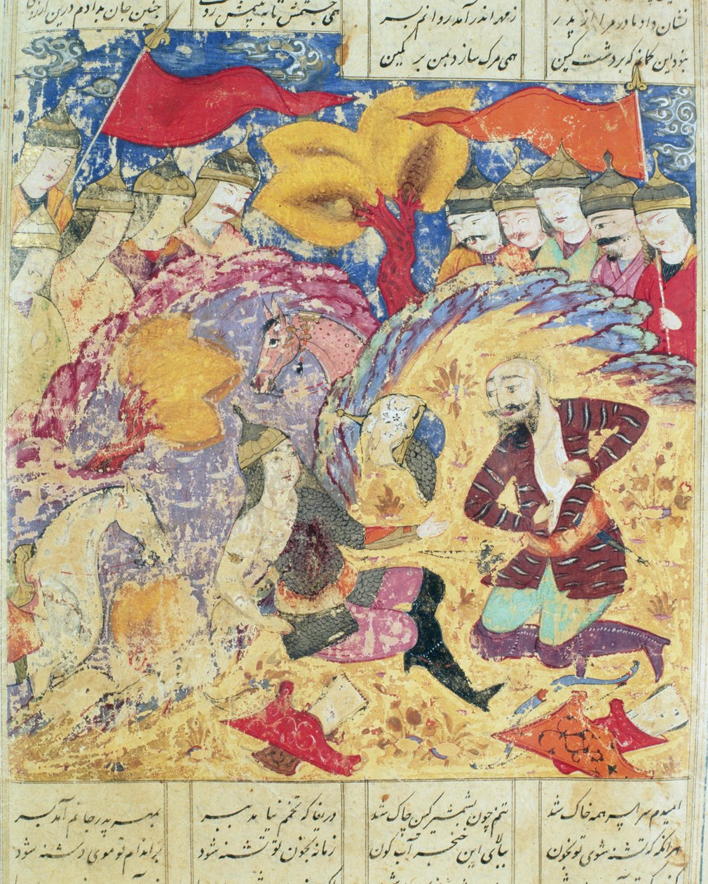 Rostam truchlí nad Sohrabovou smrtí, ilustrace z Shahnamy (Knihy králů) od Abul-Qasima Manura Firdawsiho (c.934-c.1020) 1619 od Persian School
