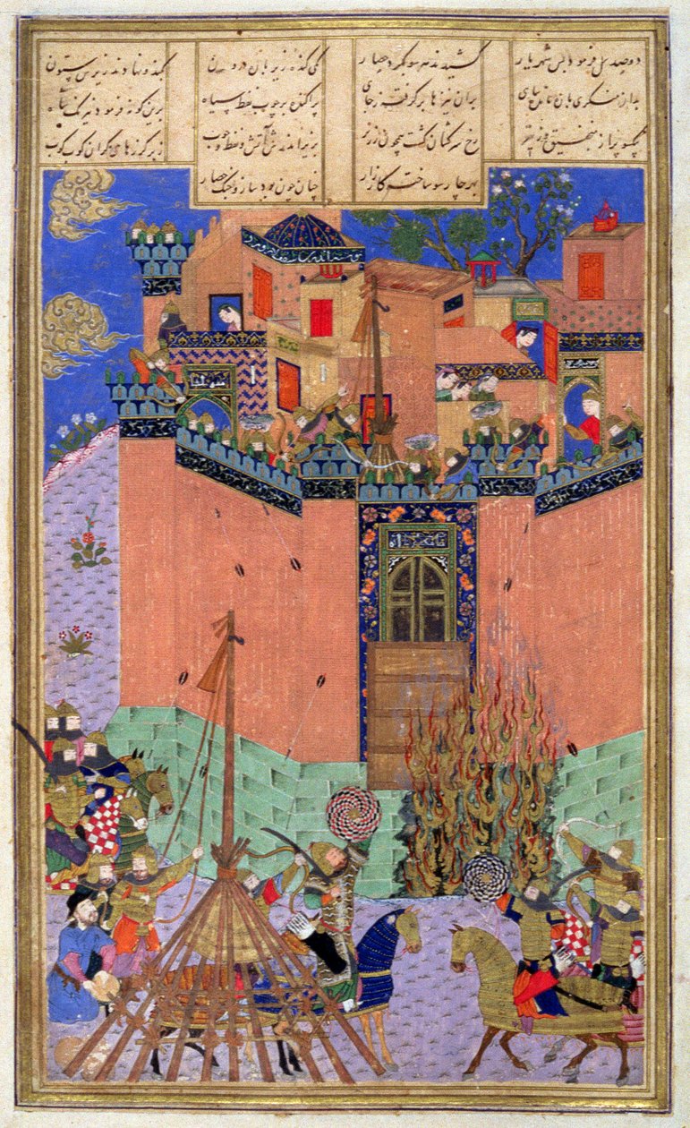 Rustam režírující The Siege of Gang Bihisht, ilustrace z Shahnama (Kniha králů), Abul-Qasim Manur Firdawsi (c.934-c.1020) c.1440-45 (pero, inkoust a wc na pergamenu) od Persian School