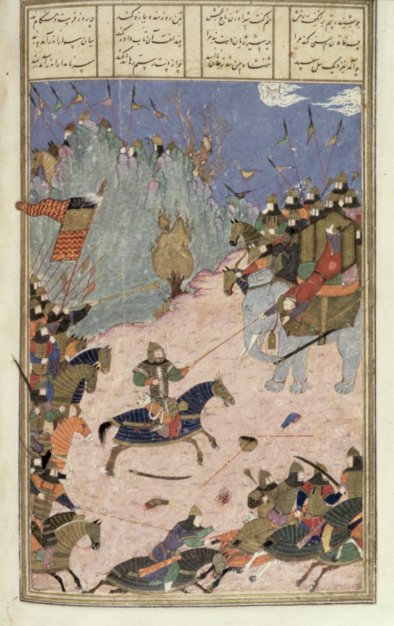 Rustam táhne Khaqana ze svého slona, ilustrace z Shahnamy (Kniha králů), od Abul-Qasima Manura Firdawsiho (c.934-c.1020) c.1440-45 (pero, inkoust a wc na pergamenu) od Persian School