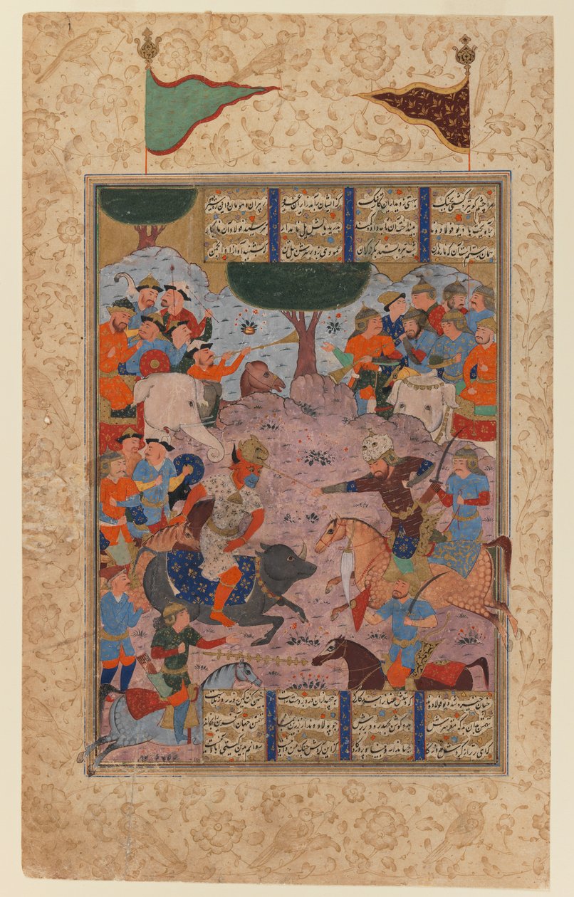 Rustam Fighting Puladvand Div, folio od Shanameh (inkoust a neprůhledné wc na papíře) od Persian School