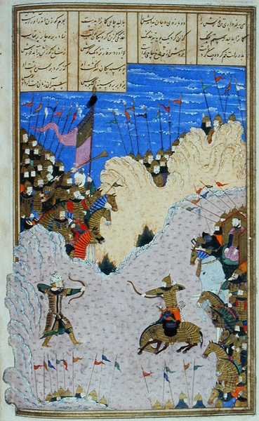 Rustam střílí Ashkabuse a jeho koně, ilustrace z 