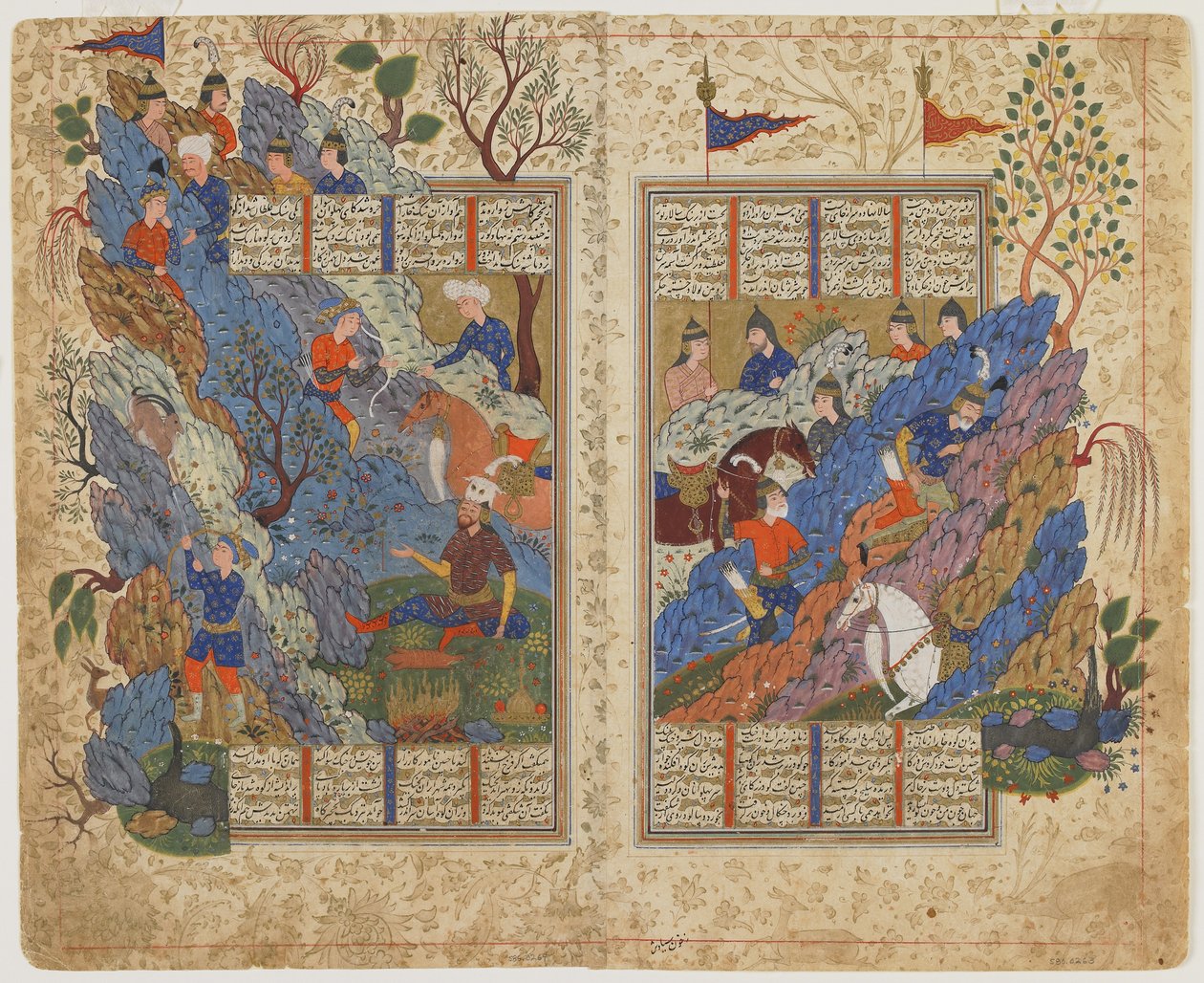 Rustam odkopne skálu, kterou na něj navalil Bahman z knihy Shahnama (Kniha králů), kolem 1590-1600 (inkoust, neprůhledný akvarel a zlato na papíře) od Persian School