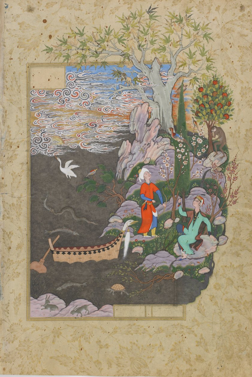 Salaman a Absal odpočívají na šťastném ostrově, folio z Haft awrang (Sedm trůnů) od Jamiho († 1492) pravděpodobně Mashad, Khurasan, Írán, dynastie Safavidů, 1556-1565 (tuš, neprůhledný akvarel a zlato na str. od Persian School