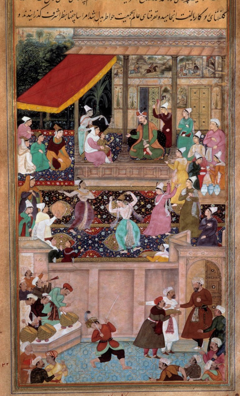 Scéna tance, hudby, zábavy na dvoře sultána. Perská miniatura od Persian School