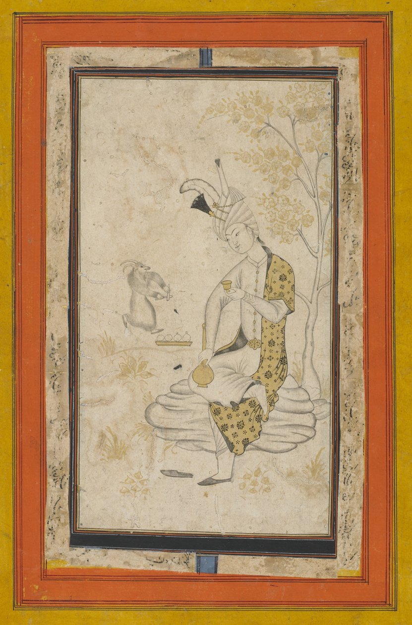 Shah Tahmasp I. seděl na skále, dynastie Safavidů (inkoust a zlato na papíře) od Persian School