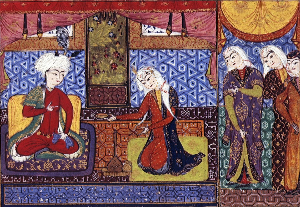 Shakar z Isfahánu nabízející víno Chusrawovi, c 1505 od Persian School