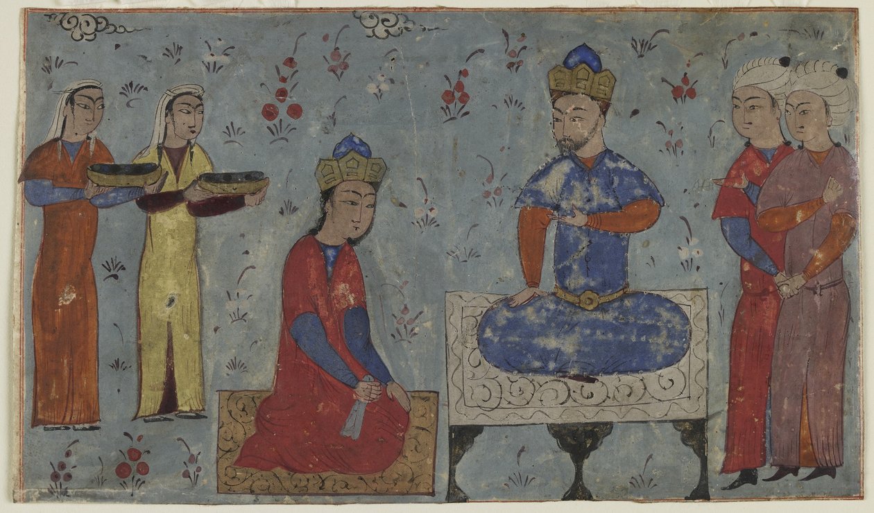 Sindukht before Sam (neprůhledný akvarel, inkoust a zlato na papíře) od Persian School