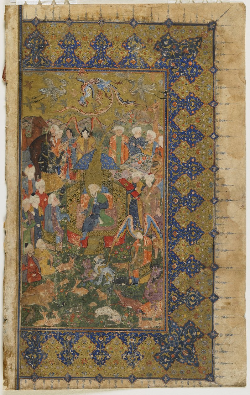 Solomon na trůn z Khamsa (kvintet), kolem 1560 (neprůhledný akvarel, inkoust a zlato na papíře) od Persian School