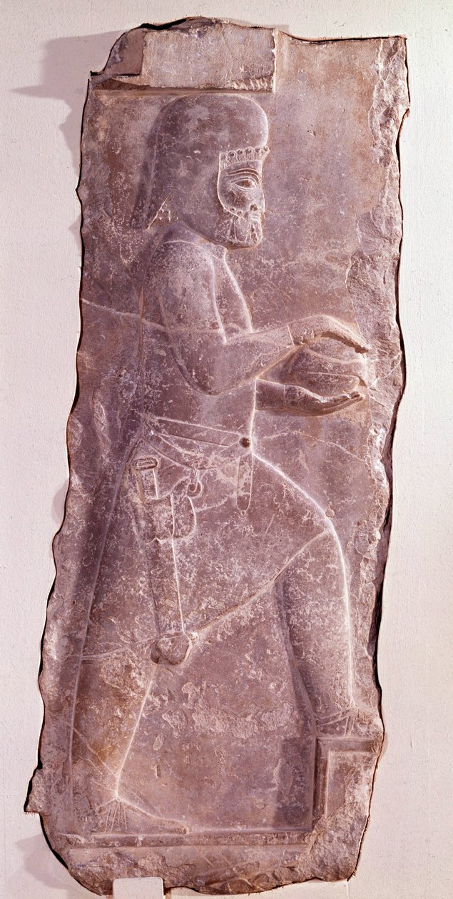 Kamenný reliéf představující médského služebníka (lidé Íránu). Routeenidní období. Nízký reliéf ze schodiště paláce Dareia I. (550-486 př. n. l.), krále perského. Persepolis, Fars Írán. Zachovat v muzeu výtvarných umění v Curychu od Persian School