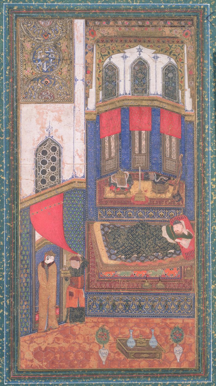 Tahmina přichází do Rustams Chamber, ilustrace z Shahnamy (Knihy králů), od Abul-Qasima Manura Firdawsiho (asi 934-c.1020), z Heratu, Afghánistán, asi 1410 (neprůhledné wc a zlato na papíře) od Persian School