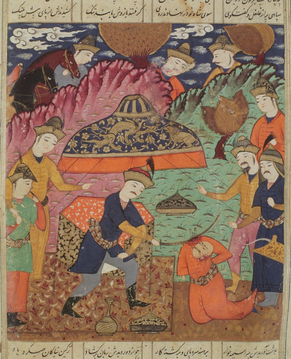 Stětí Nouzaura, ilustrace z „Shahnama“ (Kniha králů) od Abu