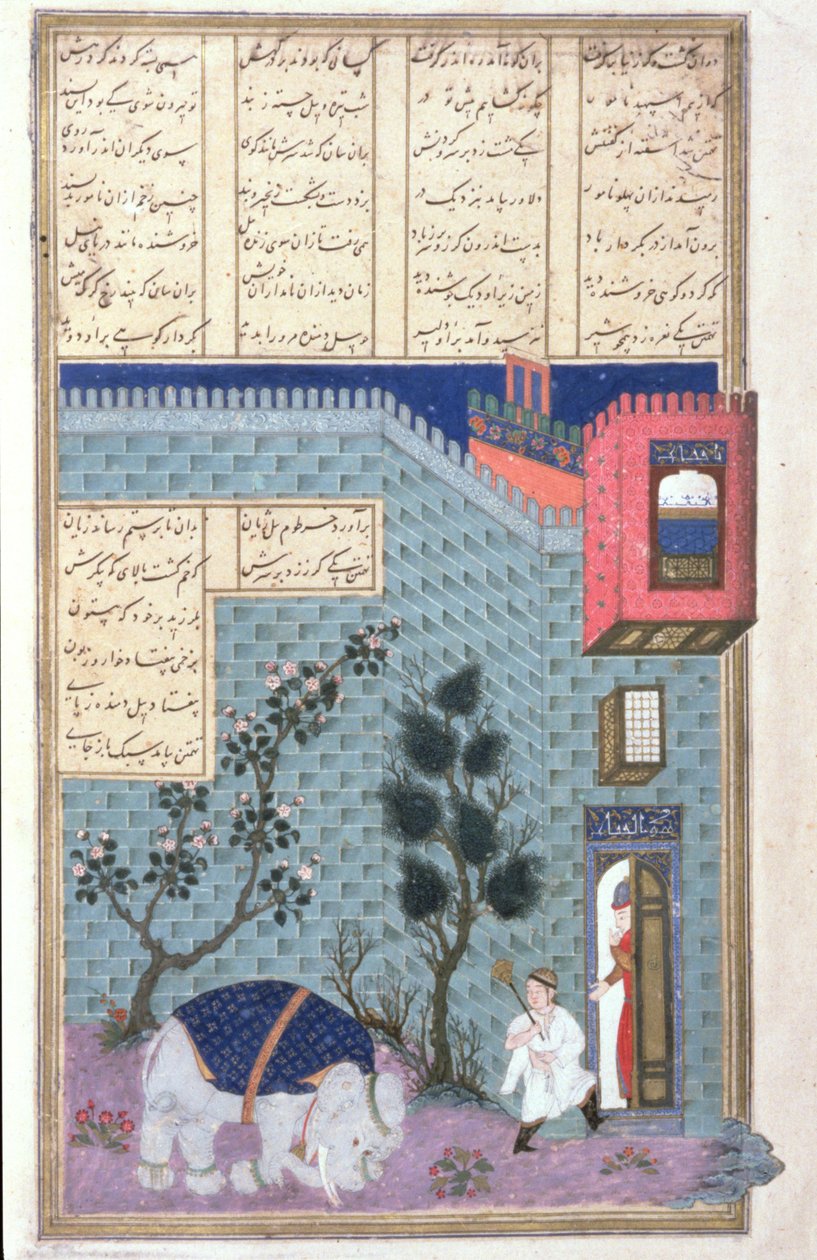 The Child Rustam Kills the Mad Elephant, ilustrace z Shahnama (Kniha králů), od Abul-Qasima Manura Firdawsiho (c.934-c.1020) c.1440-45 (pero, inkoust a wc na pergamenu) od Persian School