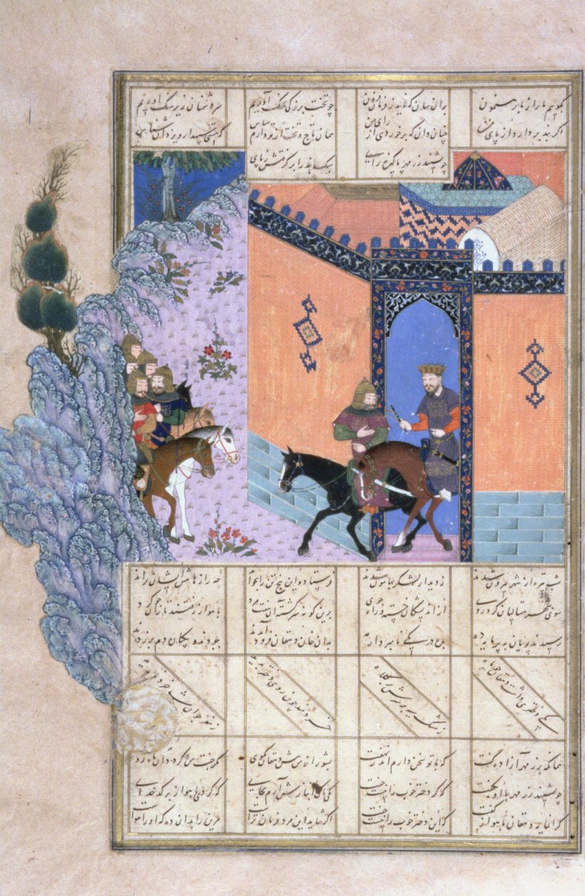 The Escape of Qubad, ilustrace z Shahnama (Kniha králů), Abul-Qasim Manur Firdawsi (c.934-c.1020) c.1440-45 (pero, inkoust a wc na pergamenu) od Persian School