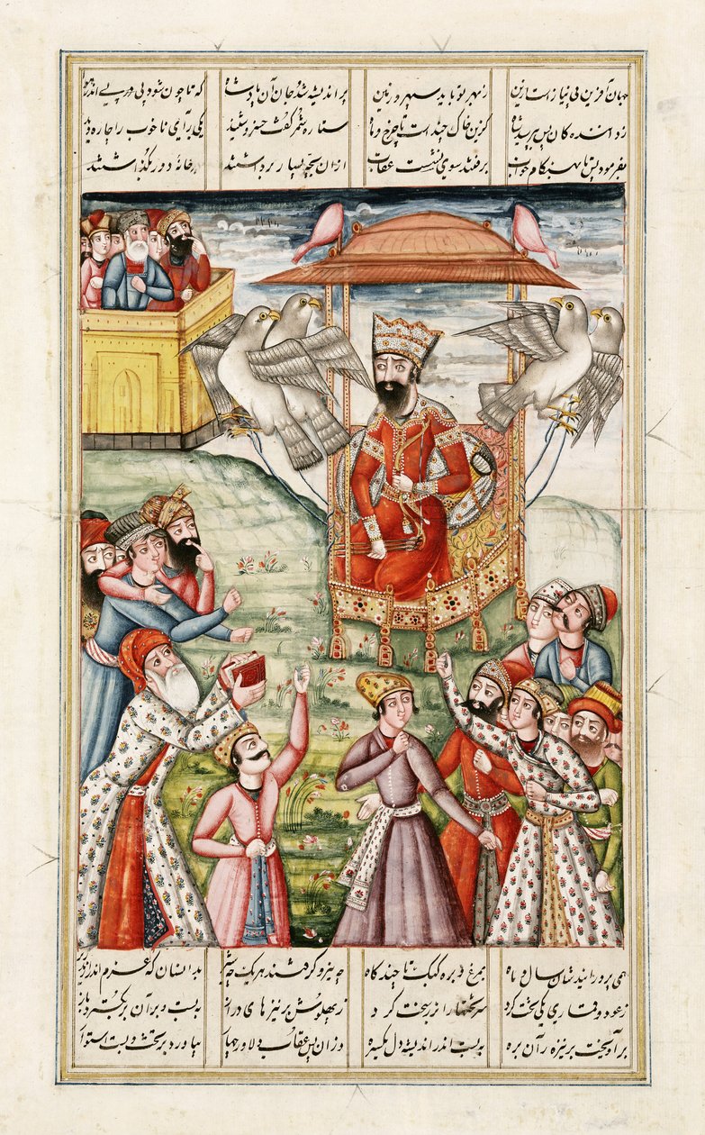 Legenda o králi Kai-Kausovi z Shahnamy (Kniha králů) od Abul-Qasima Manura Firdawsiho (c.934-c.1020) kolem roku 1830 od Persian School