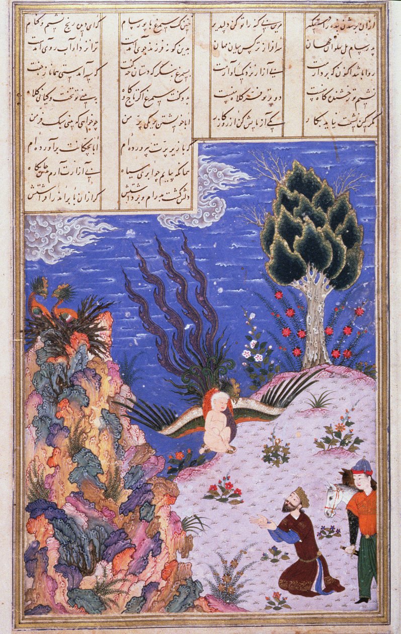 Simurgh vrací dítě Zal svému otci Samovi, ilustrace z Shahnamy (Kniha králů), od Abul-Qasima Manura Firdawsiho (c.934-c.1020) c.1440-45 (pero, inkoust a wc na pergamenu) od Persian School