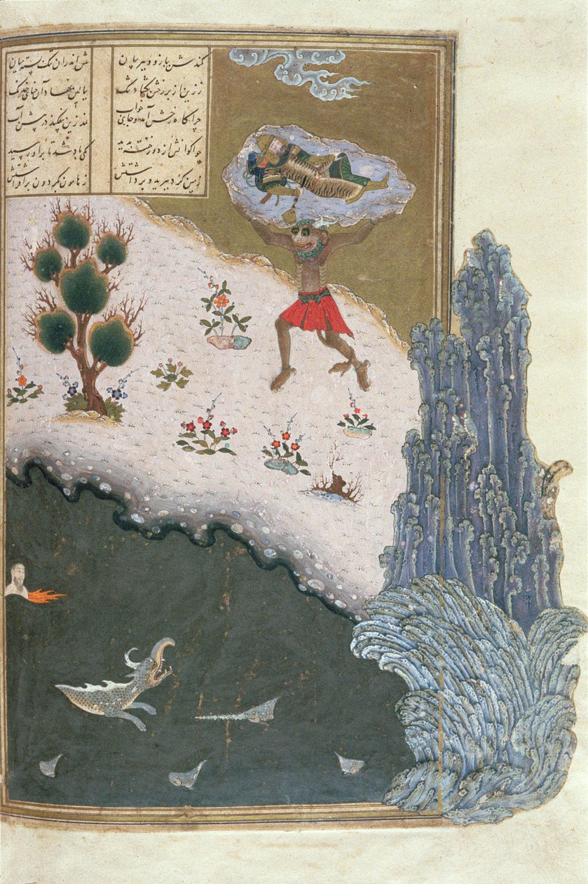 Spící Rustam přenášený vzduchem démonem Akwanem, ilustrace z Shahnamy (Kniha králů), Abul-Qasim Manur Firdawsi (c.934-c.1020) c.1440-45 (pero, inkoust a wc na pergamenu ) od Persian School