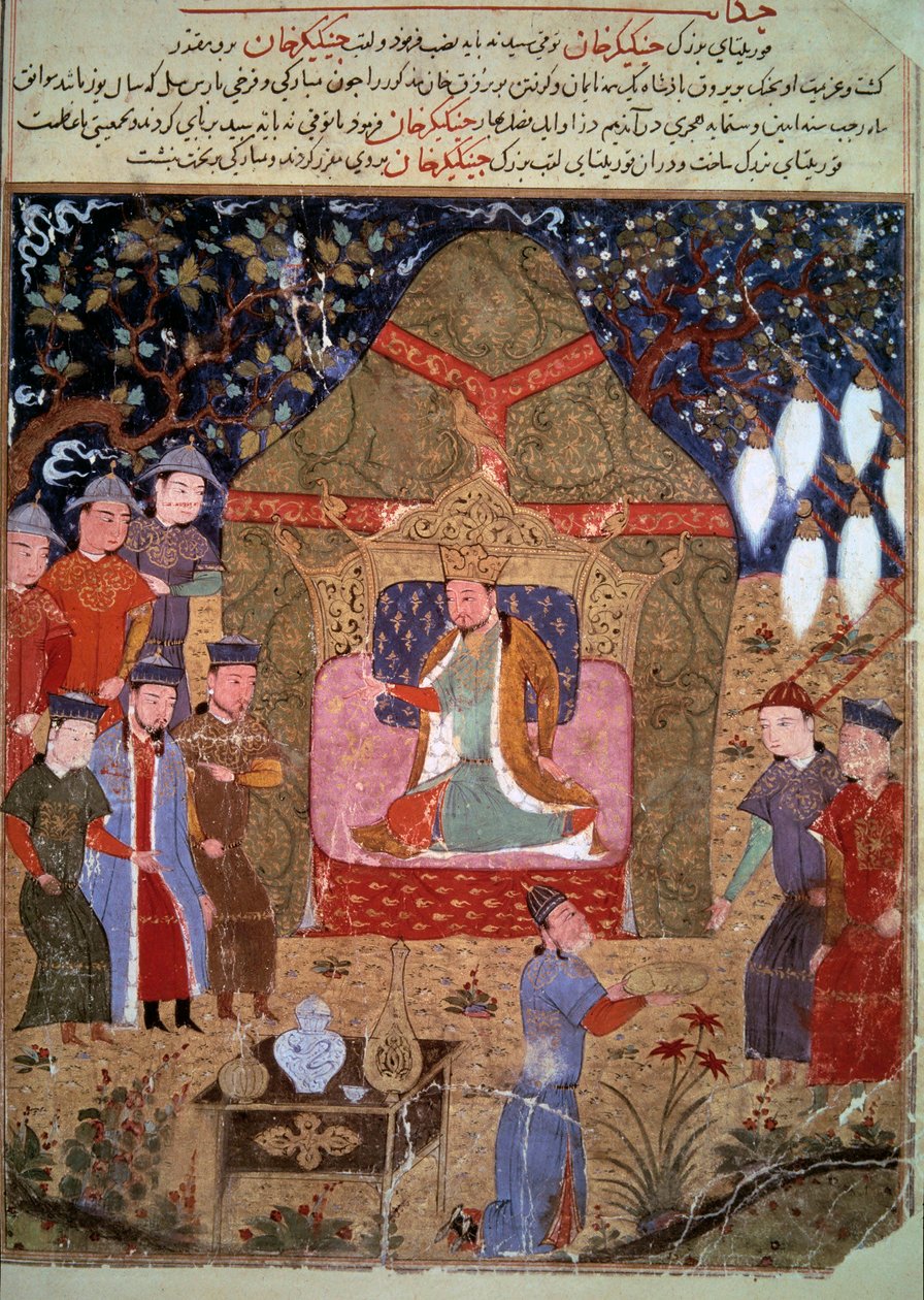 Dvůr mongolského císaře Čingischána (1162-1227), představující centrum perských miniatur z „Jami al-Tawarikh“ (Jami al-Tawarikh) (neboli Univerzální historie) od historika Rashida al-Dina (al Din) (1247-1318 ), přibližně 1430. Paris, B.N. od Persian School