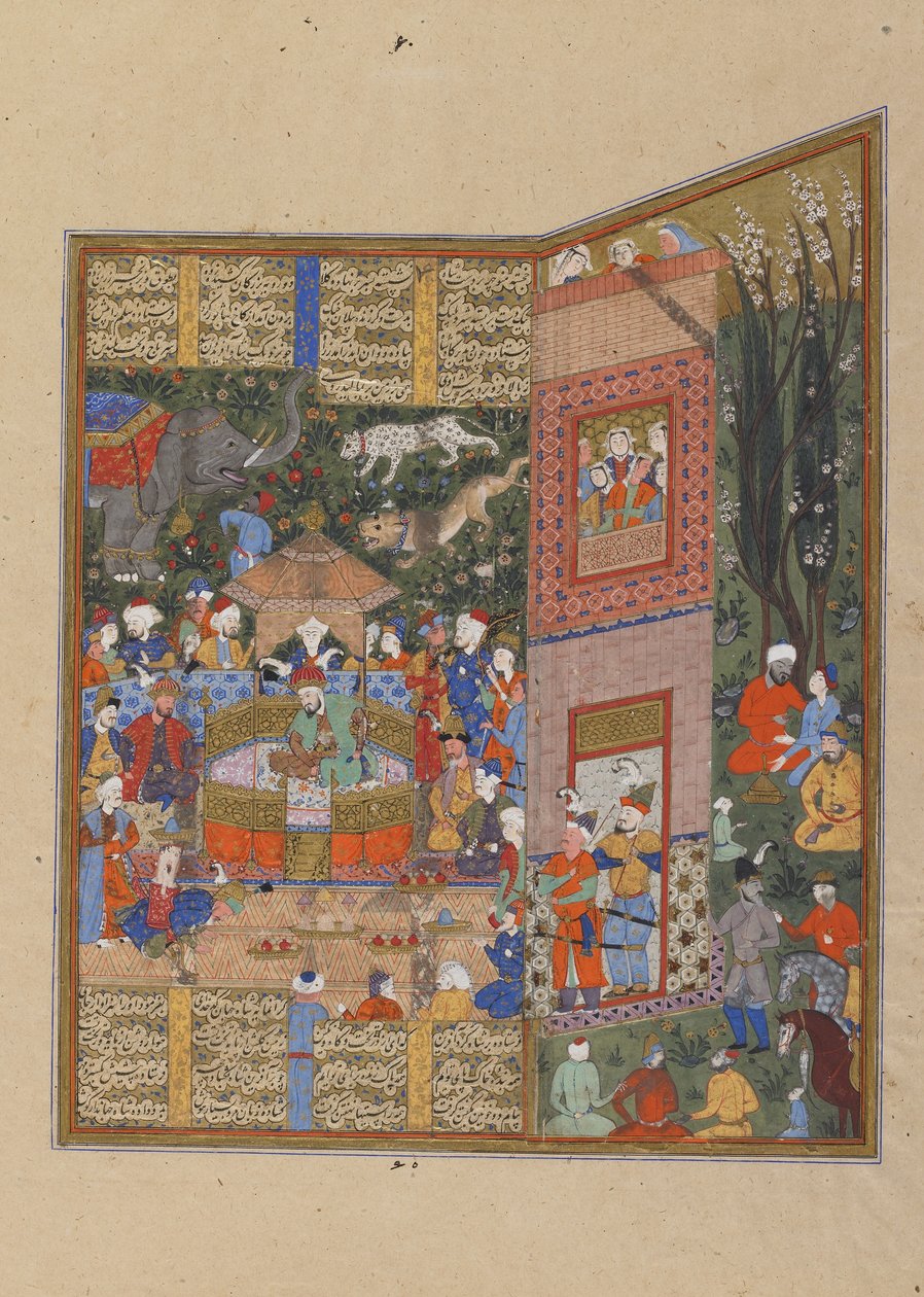 Vyslanci Salma a Tura před Faridunem, kolem roku 1560 (neprůhledný akvarel, inkoust a zlato na papíře) od Persian School