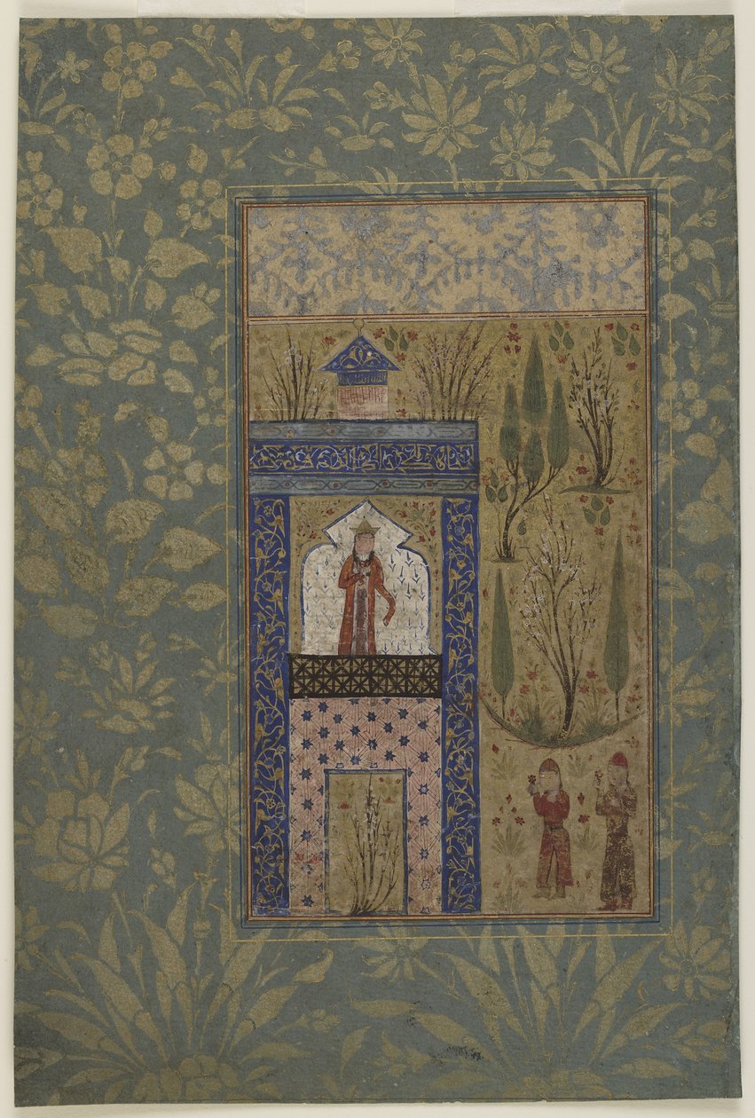 Dva mladíci před princeznou u okna, kolem 1417-18 (neprůhledný akvarel a zlato na papíře) od Persian School