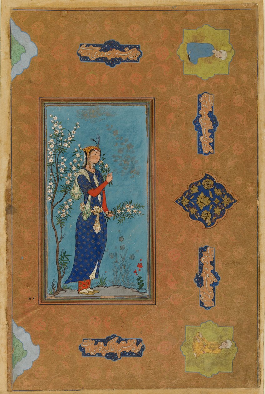 Žena se sprškou květin, Safavid Period, cca 1575 (wc a zlato na papíře) od Persian School