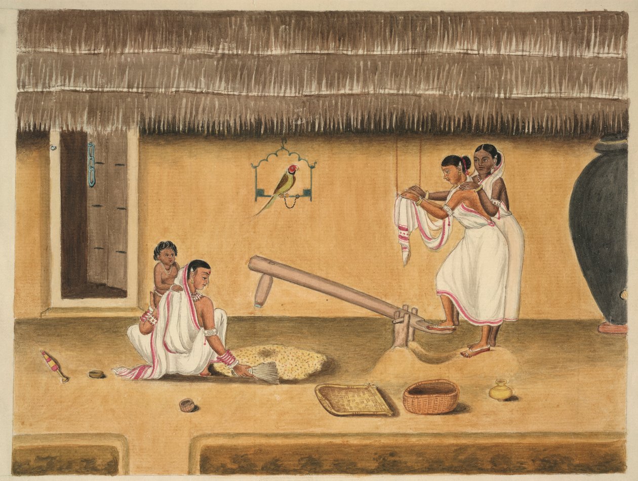 Ženy loupající neloupačku s dhenki, cca 1840 (akvarel na papíře) od Persian School