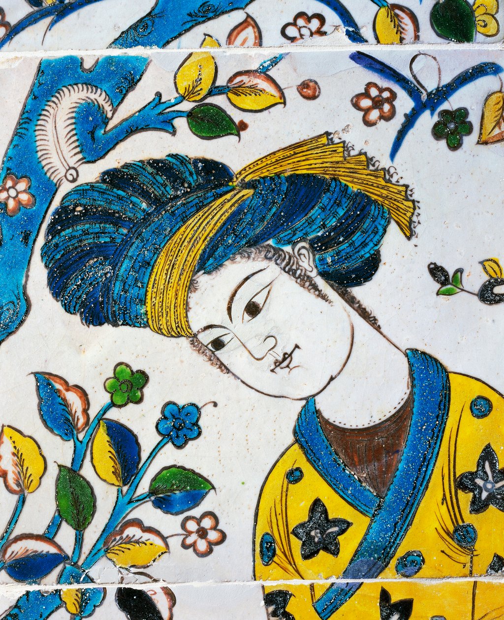 Mladý muž s turbanem, hry v zahradě, detail z keramické dlaždice z Chehel Sotoun, Isfahan, perská civilizace od Persian School