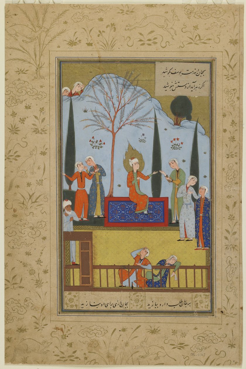 Zulaykhiny služebné baví Yusufa na zahradě, kolem roku 1575 od Persian School