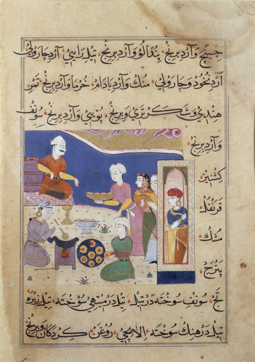 f.83v Příprava sladkostí pro sultána z Mandu, z rukopisu o indické kuchyni (vellum) od Persian School