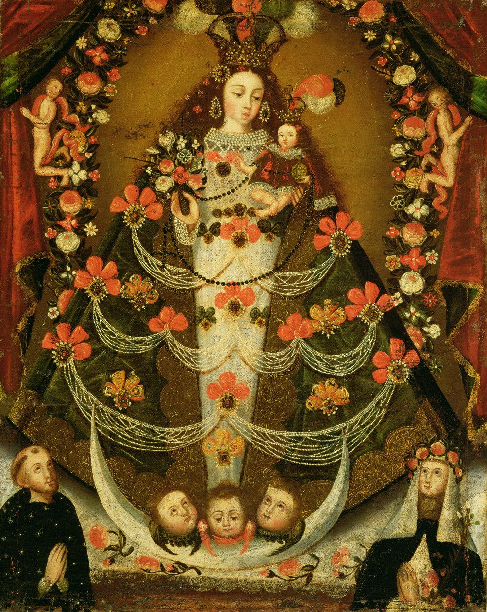 Panna z Pomaty se sv. Mikulášem z Tolentina a sv. Růží z Limy (1586-1617) od Peruvian School
