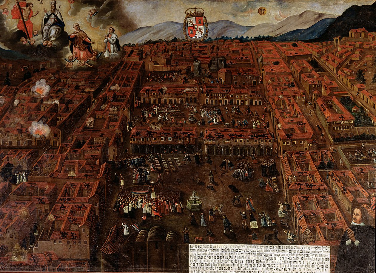 Pohled na Cuzco v době zemětřesení v roce 1650 od Peruvian School