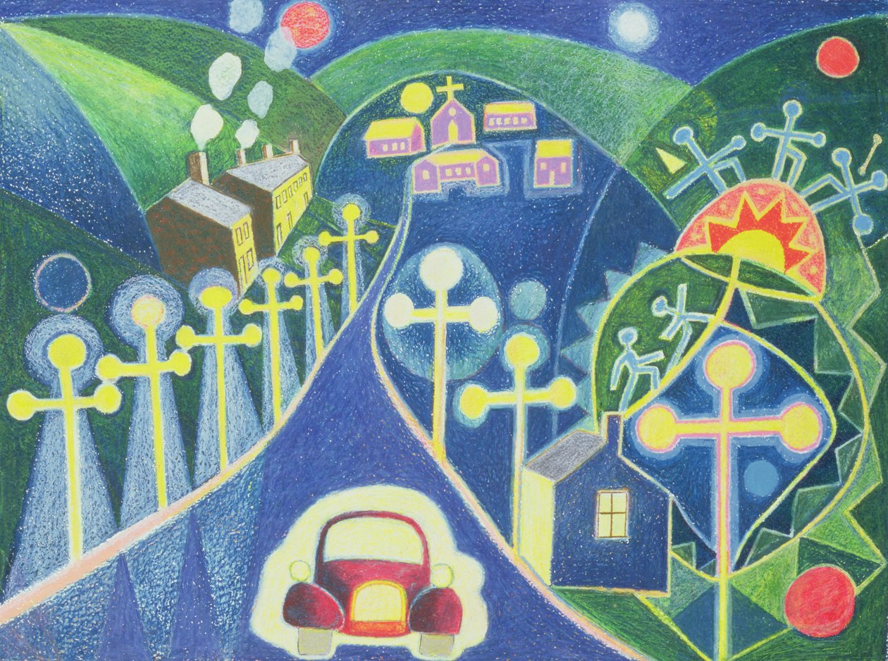 Mystická vesnice, 1985 (olejový pastel na papíře) od Peter Davidson
