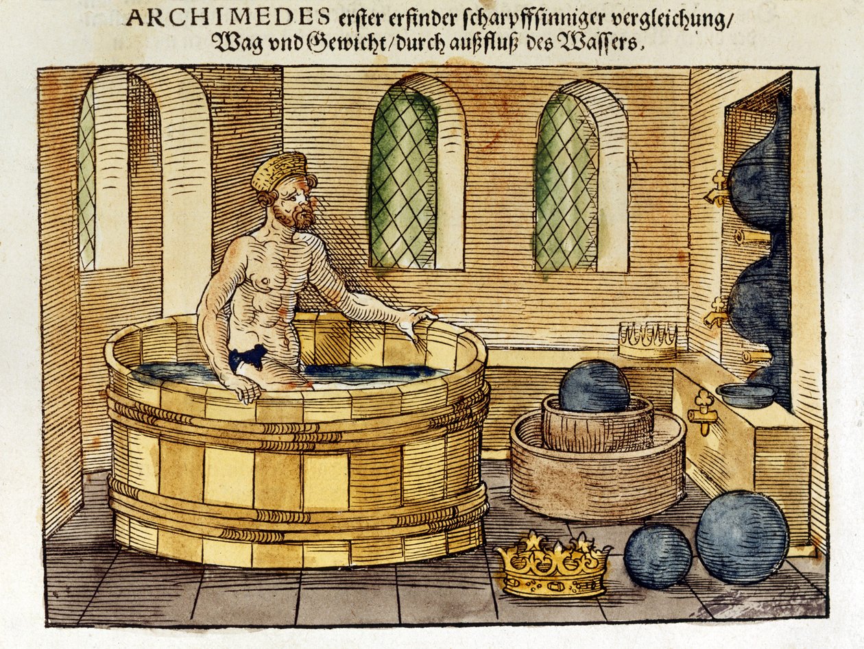Archimedes (asi 287-212 př. n. l.), řecký matematik a vynálezce, ve své lázni, 1547 (ručně kolorovaný dřevoryt) od Peter Flötner