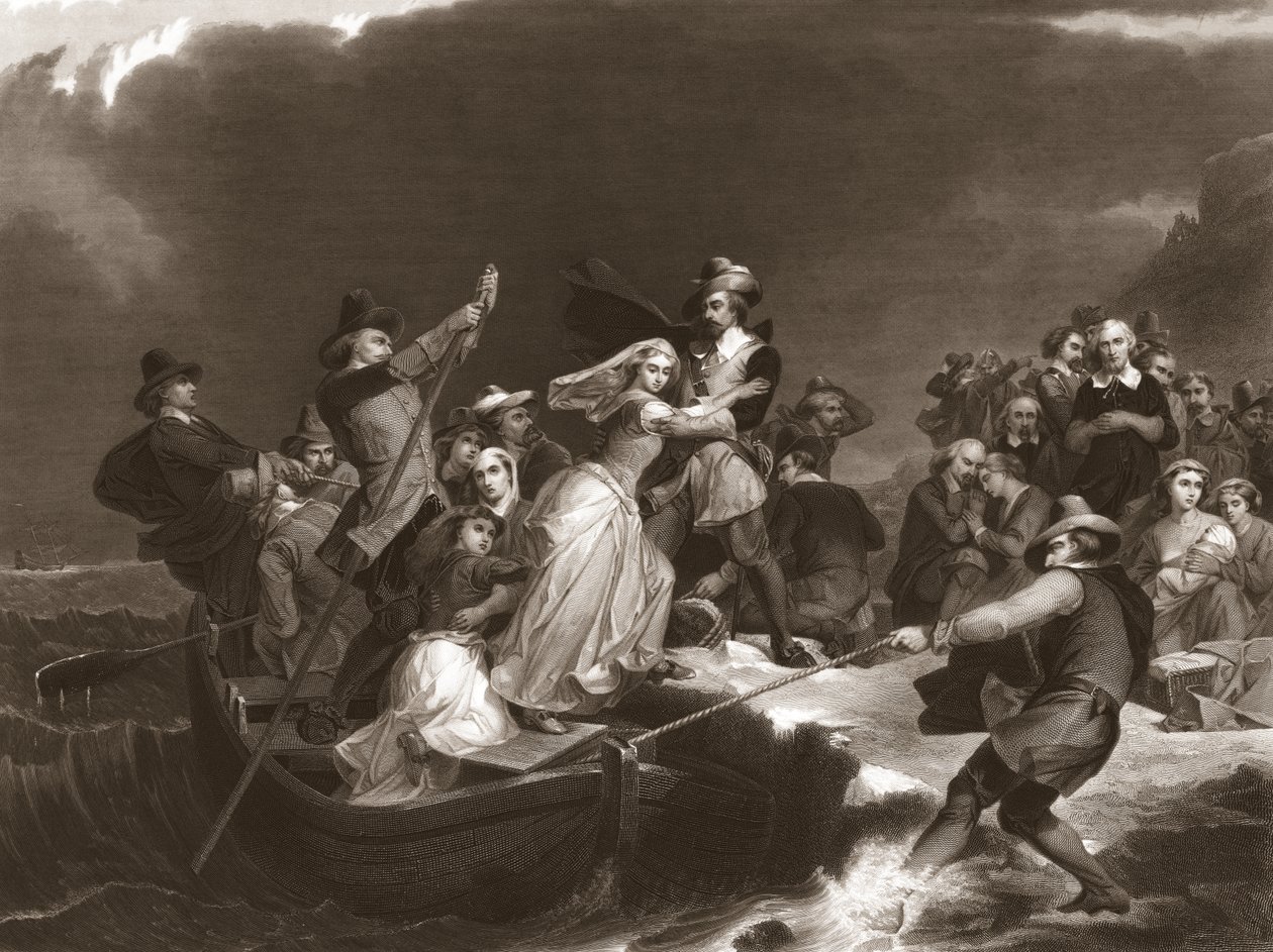Poutníci přistávající na Plymouth Rock v roce 1620, pub.1869 od Peter Frederick Rothermel