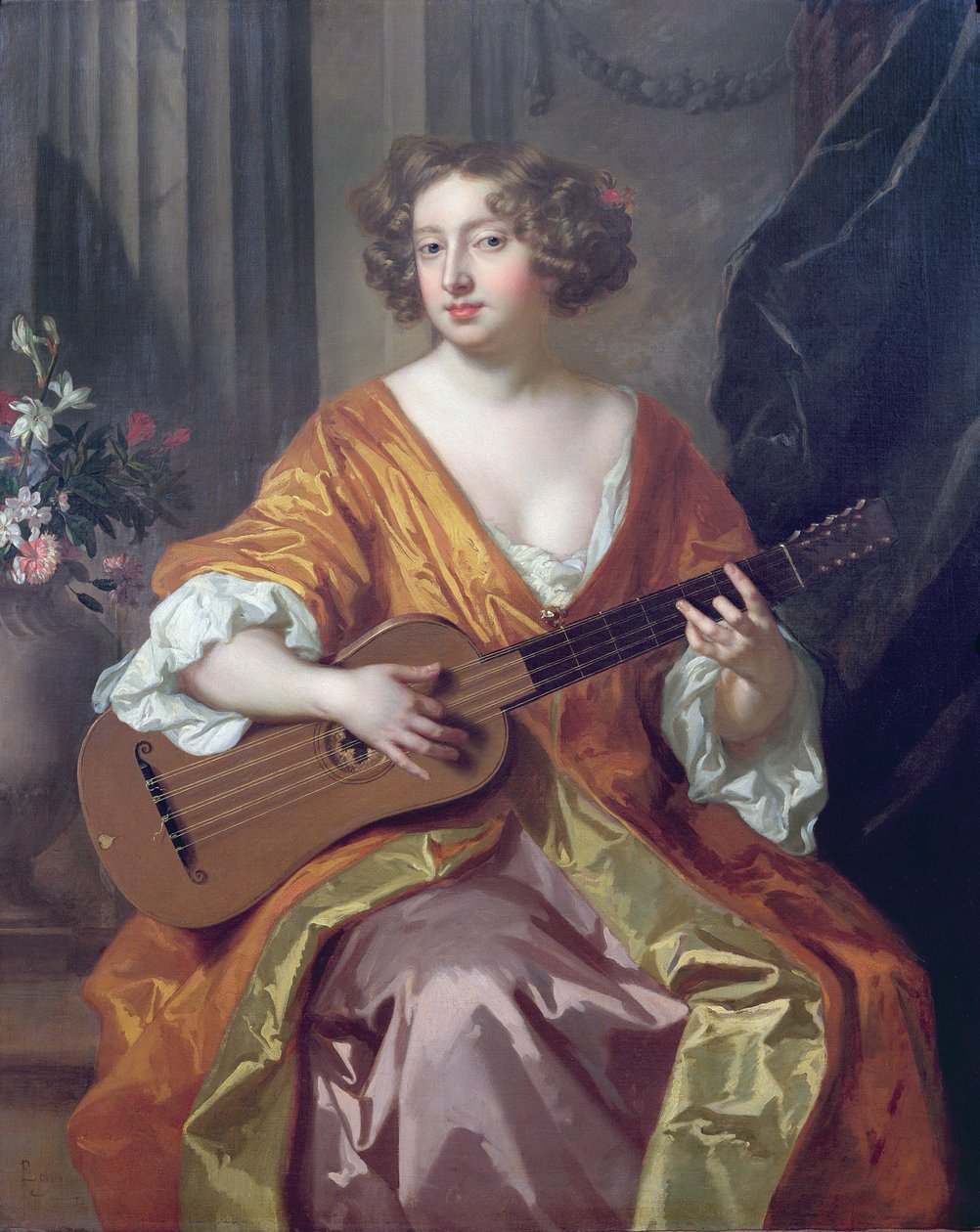 Portrét paní Moll Daviesové, milenky Karla II., květiny namaloval Jean Baptiste Monnoyer (1636-69) od Peter Lely