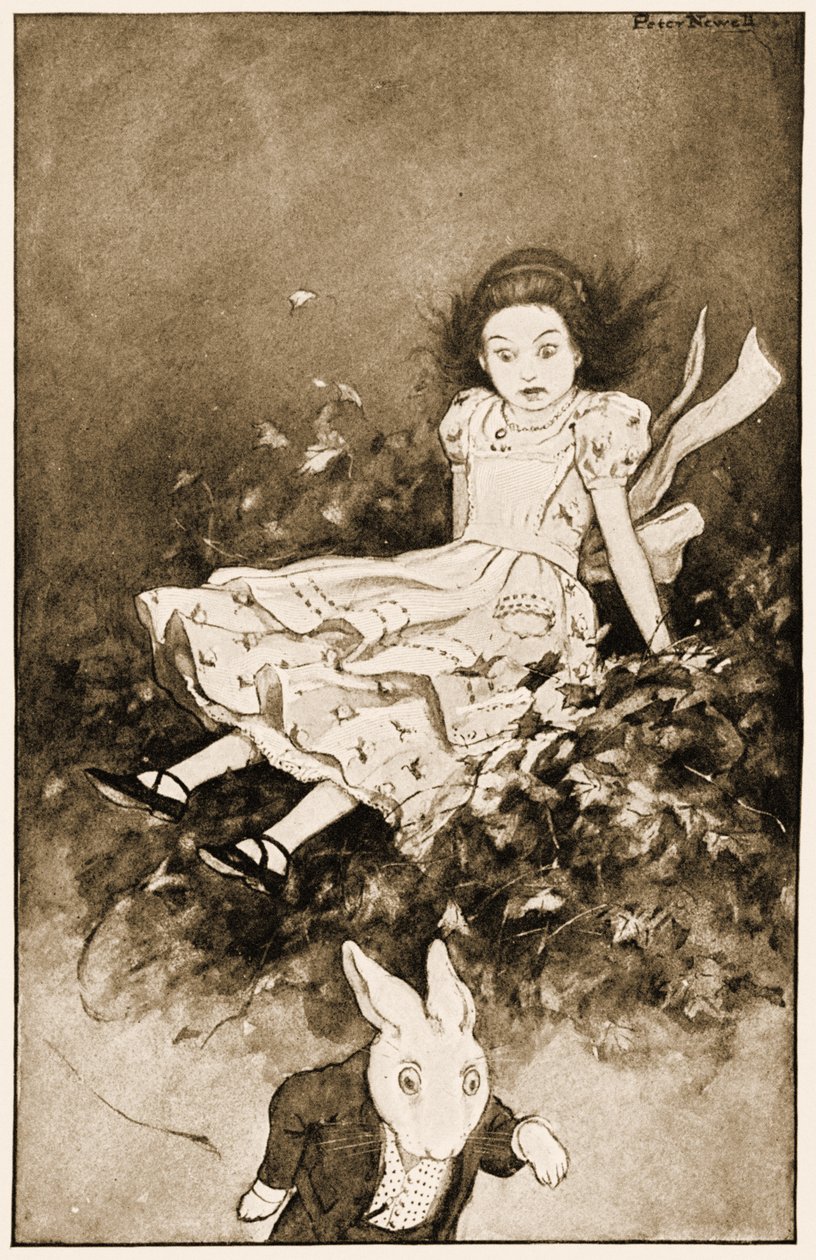 Dole narazila na hromadu suchého listí, ilustrace pro Lewise Carrollse Alices Adventures in Wonderland, 1901 od Peter Newell