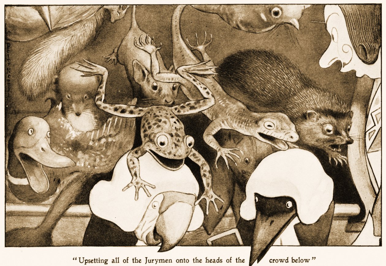 Naštvání všech porotců na hlavy davu dole, ilustrace pro Lewise Carrollse Alices Adventures in Wonderland, 1901 od Peter Newell