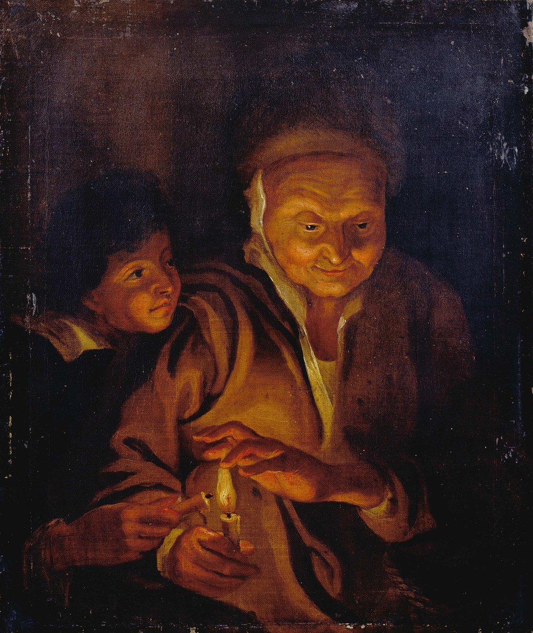 Chlapec zapaluje svíčku z té, kterou drží stará žena od Peter Paul Rubens