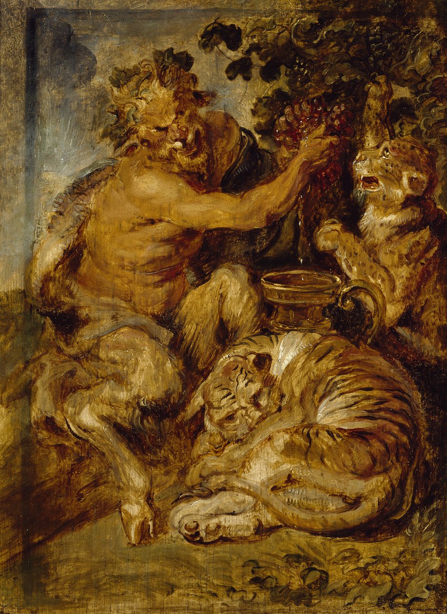 Satyr lisující hrozny s tygrem a leopardem, kolem roku 1618 od Peter Paul Rubens