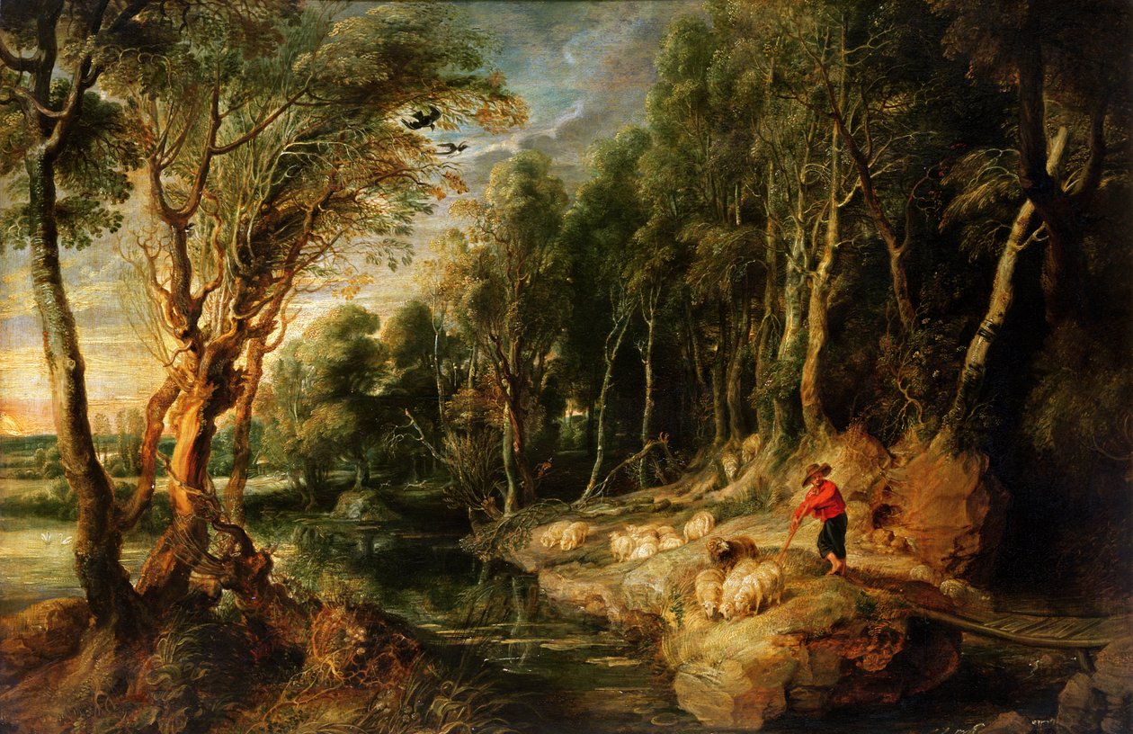 Pastýř se stádem v lesnaté krajině, asi 1615-22 (olej na dubovém dřevě) od Peter Paul Rubens