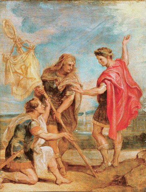 Constantine přijímá standard s monogramem Krista jako císařského znamení od Peter Paul Rubens