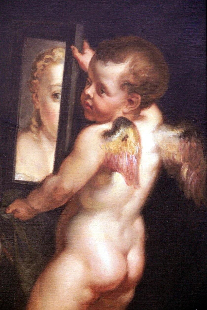 Amor držící zrcadlo, detail oleje na plátně Venuše a Amor držící zrcadlo od Peter Paul Rubens