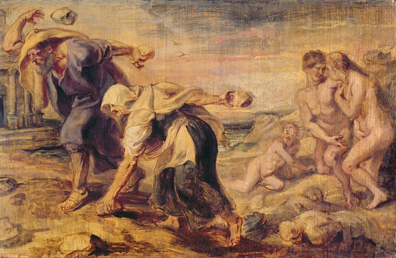 Deukalión a Pyrrha obracejí svět házením kamenů za sebe, asi 1636 od Peter Paul Rubens