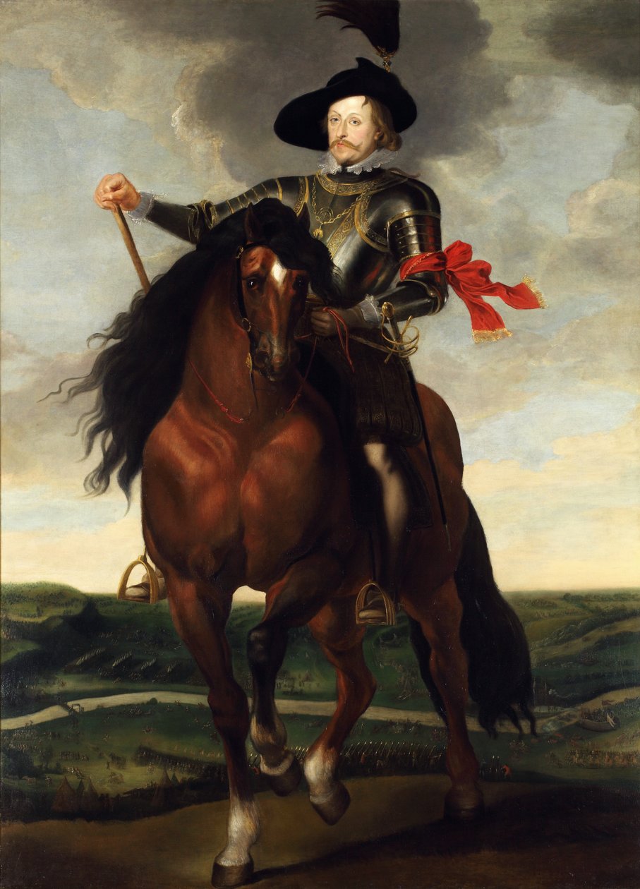 Jezdecký portrét korunního prince Wadysawa Vasy s bitvou o Chotyn v pozadí od Peter Paul Rubens