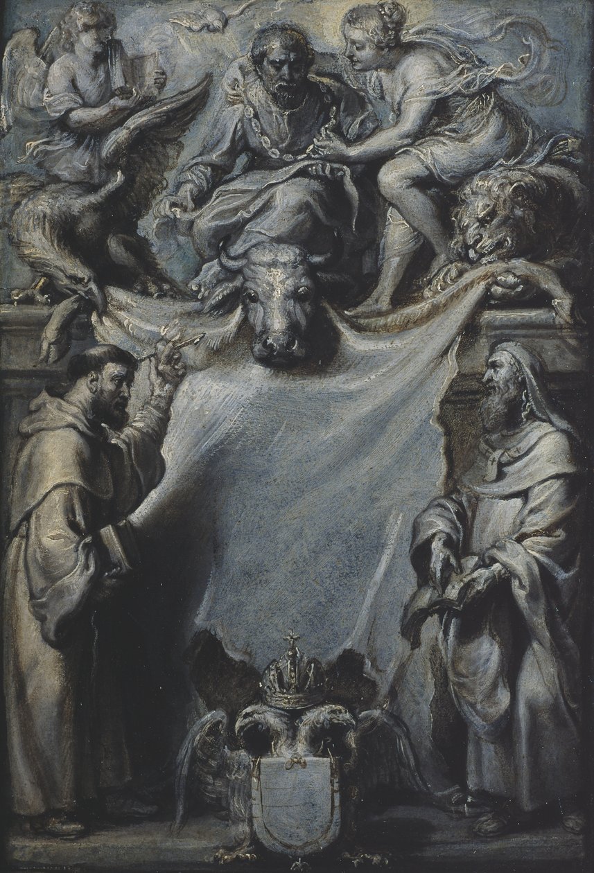 Modello pro titulní stranu ke Corderiuss Commentaries on St. Luke, 1628 (olej, papír na plátně) od Peter Paul Rubens