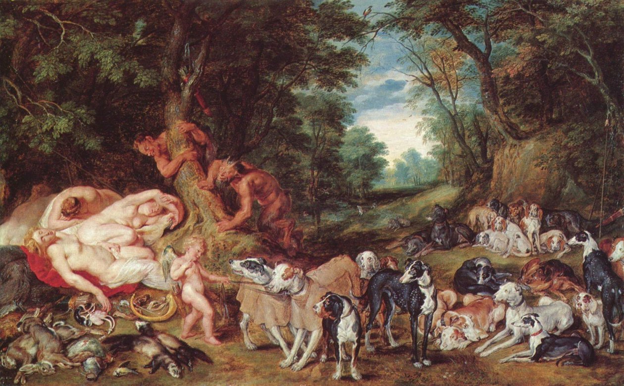 Nymfy, satyry a psi od Peter Paul Rubens