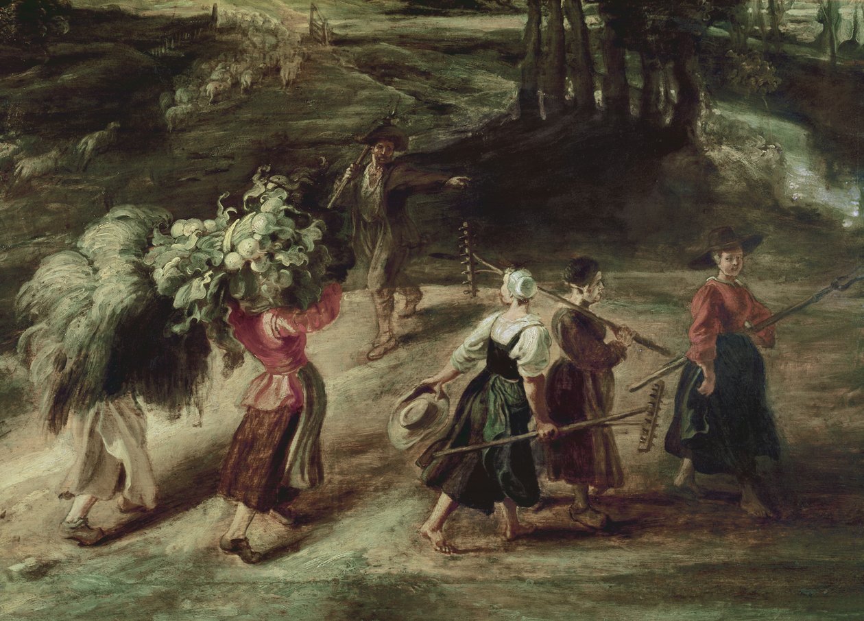 Rolníci vracející se z polí, detail skupiny selských žen v popředí, olej c.1632-34 na panelu od Peter Paul Rubens