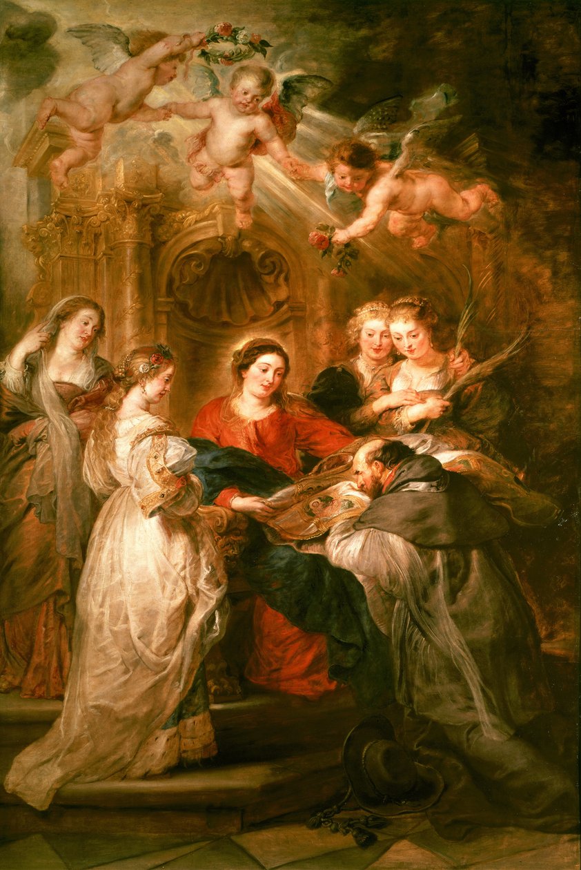 Oltářní obraz sv. Ildefonsa, centrální panel zobrazující Pannu Marii předkládající sv. Ildefonsovi liturgické roucho, kolem 1630-32 od Peter Paul Rubens