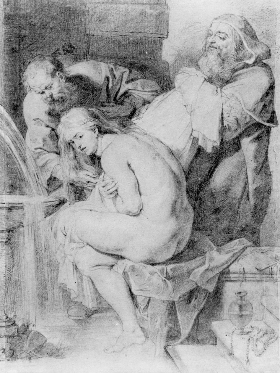 Susanna a starší, kreslil Lucas Vorsterman, kolem 1620 (křída, pero a inkoust na papíře) od Peter Paul Rubens